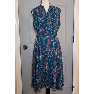 Nanette Lepore Teal Floral Sleeveless Pintuck Button Up A Line Dress Size 6